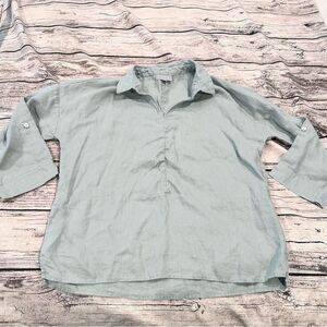 Pure Collection 100% Linen Light Grey/Green Popover Shirt, 3/4 Sleeves Size 4